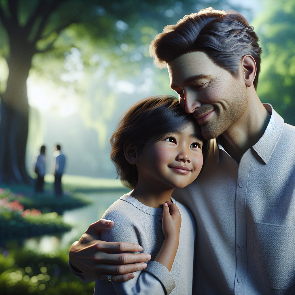 Padre e hijo en un entorno tranquilo, mostrando conexión emocional y apoyo mutuo.