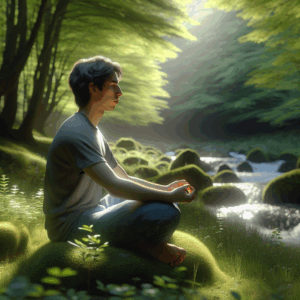 Estudiante chileno meditando en un entorno natural, reflejando calma y concentración.