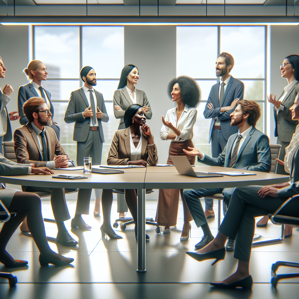 Grupo de profesionales en una reunión, interactuando con empatía y comunicación efectiva.