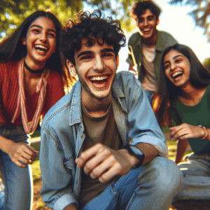 Adolescente sonriendo mientras interactúa con amigos en un entorno natural.