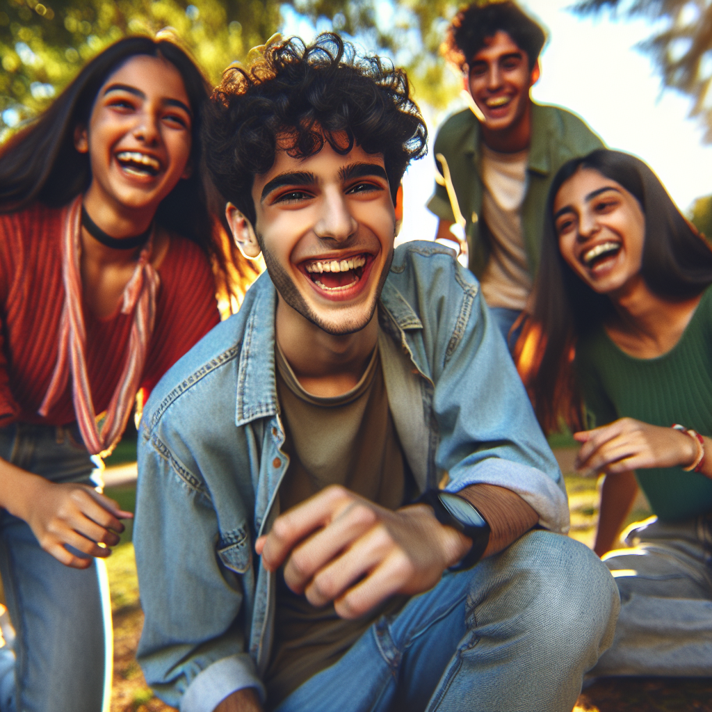 Adolescente sonriendo mientras interactúa con amigos en un entorno natural.