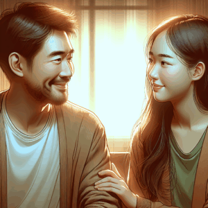 Pareja conversando con respeto y afecto, construyendo una relación saludable y superando la dependencia emocional.