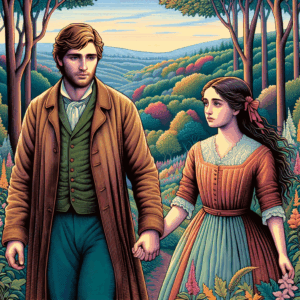 Ilustración al estilo Studio Ghibli mostrando una pareja tomada de la mano caminando por un bosque vibrante y exuberante. El cielo es de un suave azul pastel y los árboles están llenos de color. Los personajes tienen ojos expresivos y rasgos suaves, reflejando tanto tristeza como esperanza. El tono general debe evocar una sensación de nostalgia y tristeza suave, pero con una sensación subyacente de resistencia y la posibilidad de sanación. El fondo debe ser detallado, con un enfoque en la belleza de la naturaleza.  Representa el impacto del estrés en las relaciones de pareja en Chile.