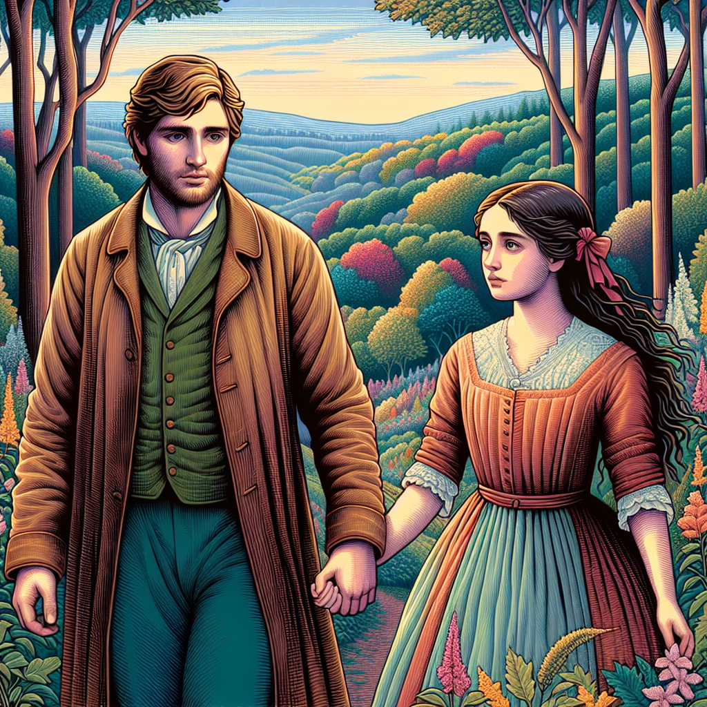Ilustración al estilo Studio Ghibli mostrando una pareja tomada de la mano caminando por un bosque vibrante y exuberante. El cielo es de un suave azul pastel y los árboles están llenos de color. Los personajes tienen ojos expresivos y rasgos suaves, reflejando tanto tristeza como esperanza. El tono general debe evocar una sensación de nostalgia y tristeza suave, pero con una sensación subyacente de resistencia y la posibilidad de sanación. El fondo debe ser detallado, con un enfoque en la belleza de la naturaleza.  Representa el impacto del estrés en las relaciones de pareja en Chile.