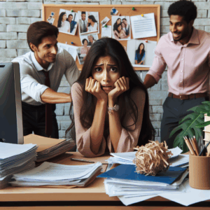 Un grupo de personas en un ambiente laboral estresante, con expresiones de preocupación y tensión.