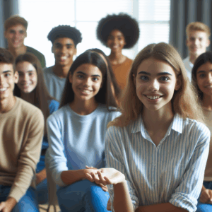 Un grupo diverso de adolescentes sonríe con confianza mientras presenta un proyecto a una audiencia atenta.