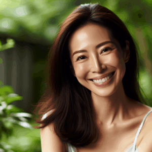 Mujer sonriente en un entorno natural, reflejando bienestar y superación emocional tras la depresión posparto.