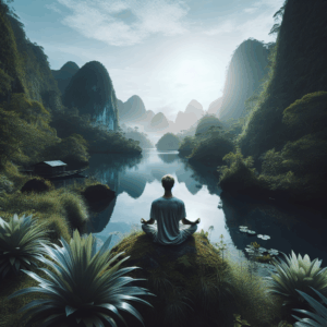 Persona meditando en un entorno tranquilo, rodeada de naturaleza.