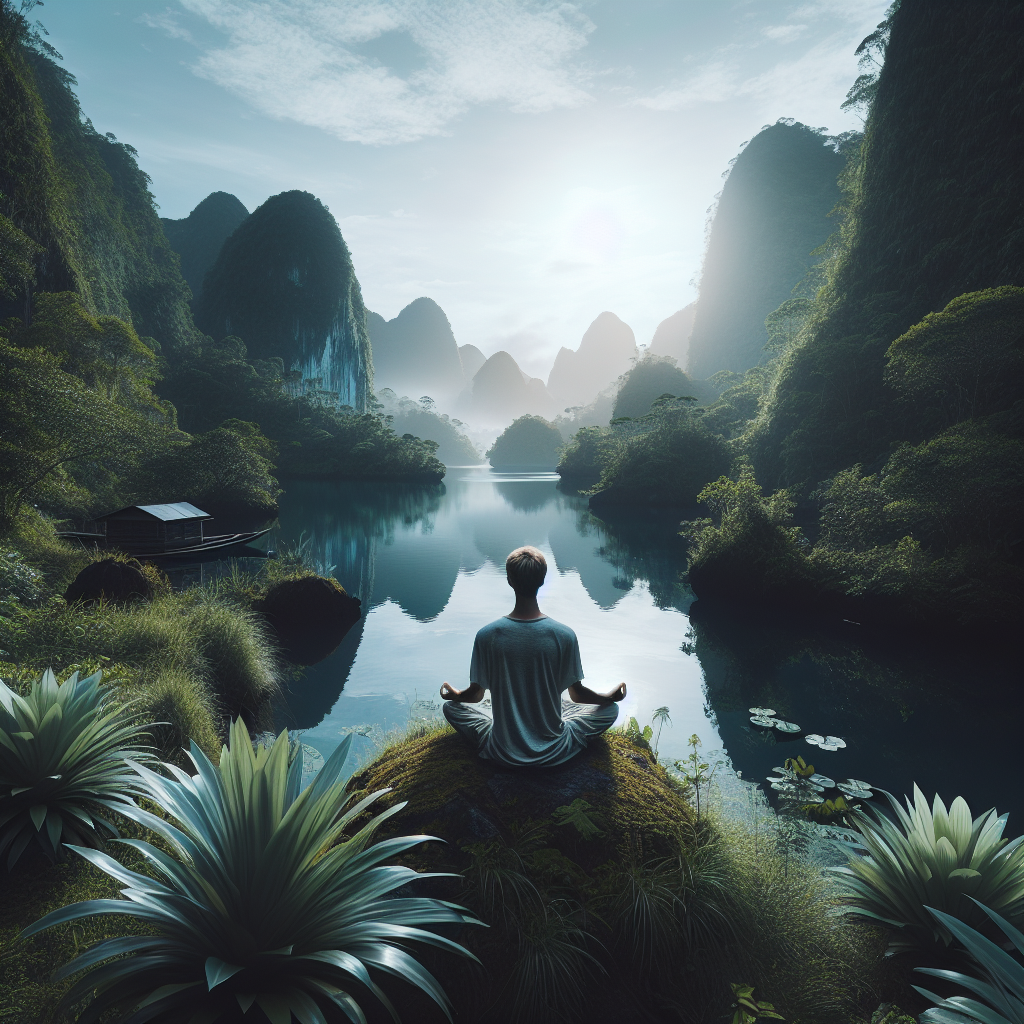 Persona meditando en un entorno tranquilo, rodeada de naturaleza.