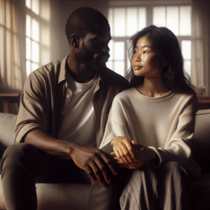 Couple in therapy, receiving support to overcome infidelity and rebuild trust.  Therapy of couples in Chile.