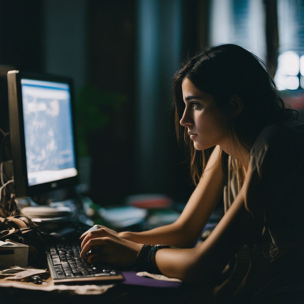 Una joven chilena con mirada perdida y ojeras pronunciadas, sentada frente a una pantalla de ordenador con luces brillantes, en una habitación oscura y desordenada, mostrando signos de descuido personal. La expresión en su rostro refleja agotamiento y aislamiento.