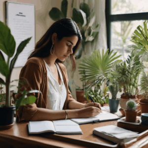 Una mujer chilena, con expresión de satisfacción y tranquilidad, tacha una tarea de su lista de pendientes en un cuaderno, sentada en su escritorio luminoso y ordenado, con plantas alrededor.
