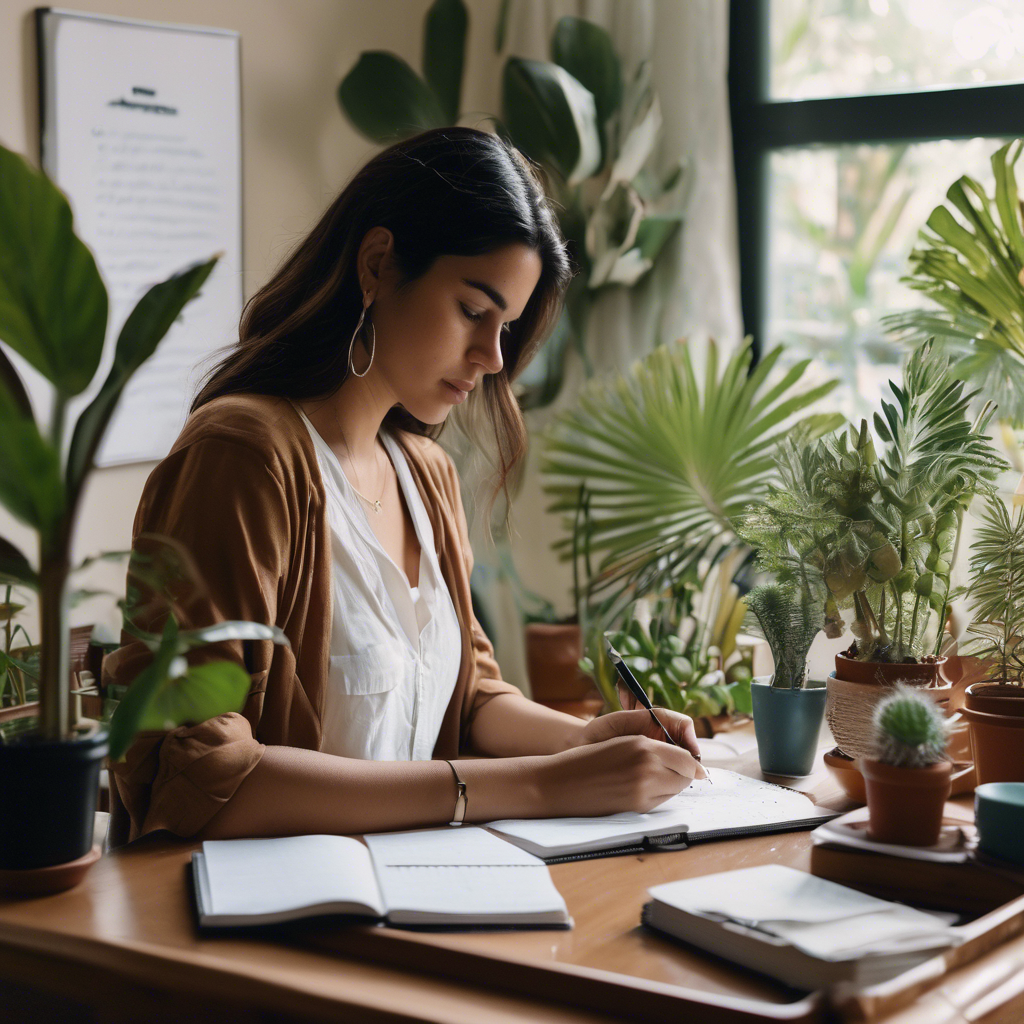 Una mujer chilena, con expresión de satisfacción y tranquilidad, tacha una tarea de su lista de pendientes en un cuaderno, sentada en su escritorio luminoso y ordenado, con plantas alrededor.