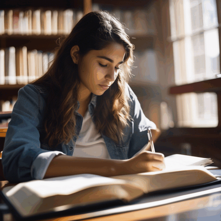 Una joven estudiante chilena, con expresión de calma y concentración, respira profundamente mientras revisa sus apuntes en una biblioteca iluminada por luz natural.  Se aprecia un ligero toque de satisfacción en su rostro.