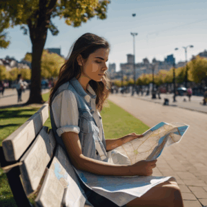 Mujer chilena joven, sentada en un banco de parque, mirando un mapa desplegado con una expresión de calma y determinación. Luz natural, fondo desenfocado de un paisaje urbano vibrante.