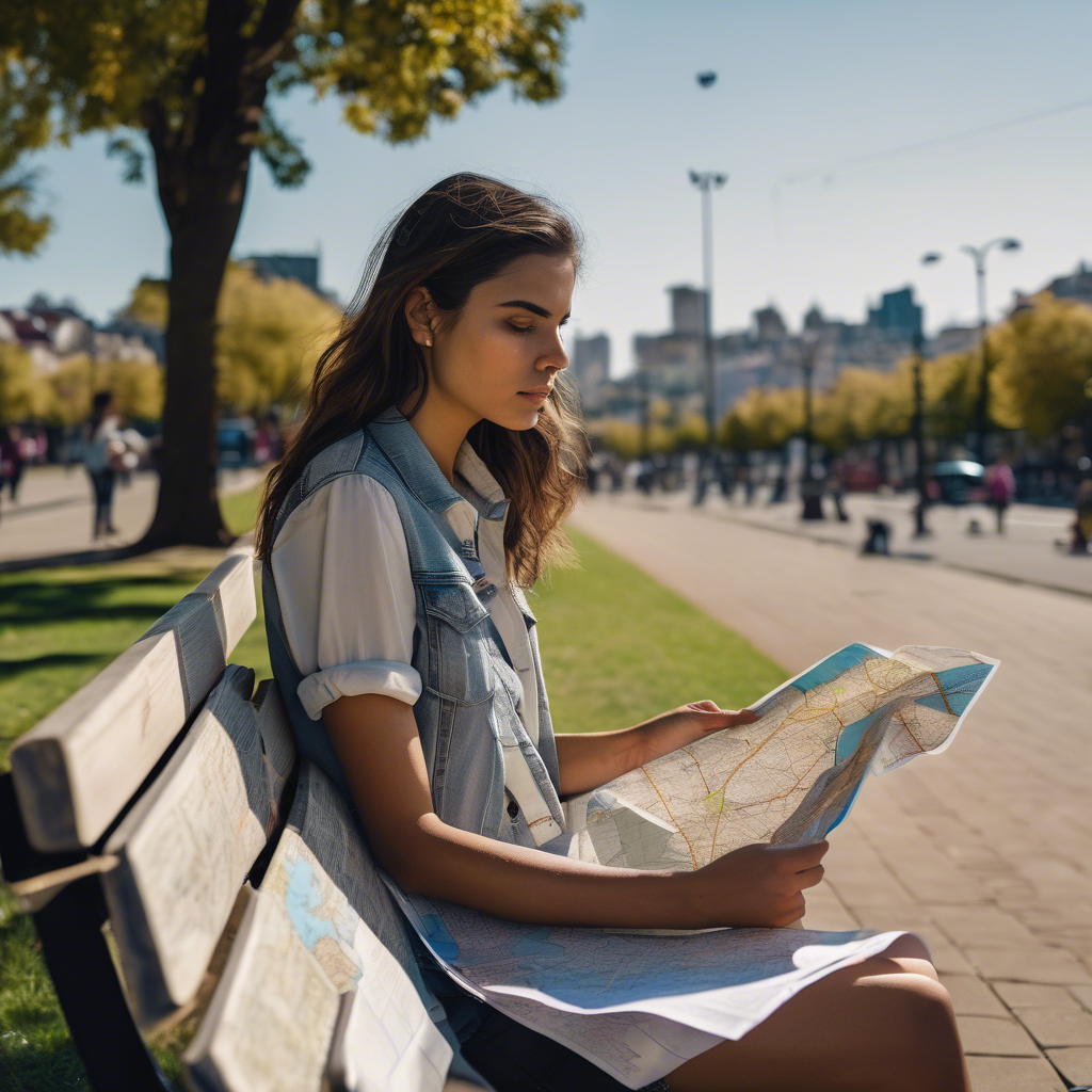 Mujer chilena joven, sentada en un banco de parque, mirando un mapa desplegado con una expresión de calma y determinación.  Luz natural, fondo desenfocado de un paisaje urbano vibrante.
