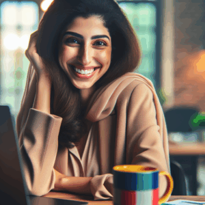 Una persona sonriente y confiada sentada en su escritorio de oficina, con elementos que sugieren un nuevo comienzo, como una taza nueva y un ordenador portátil.