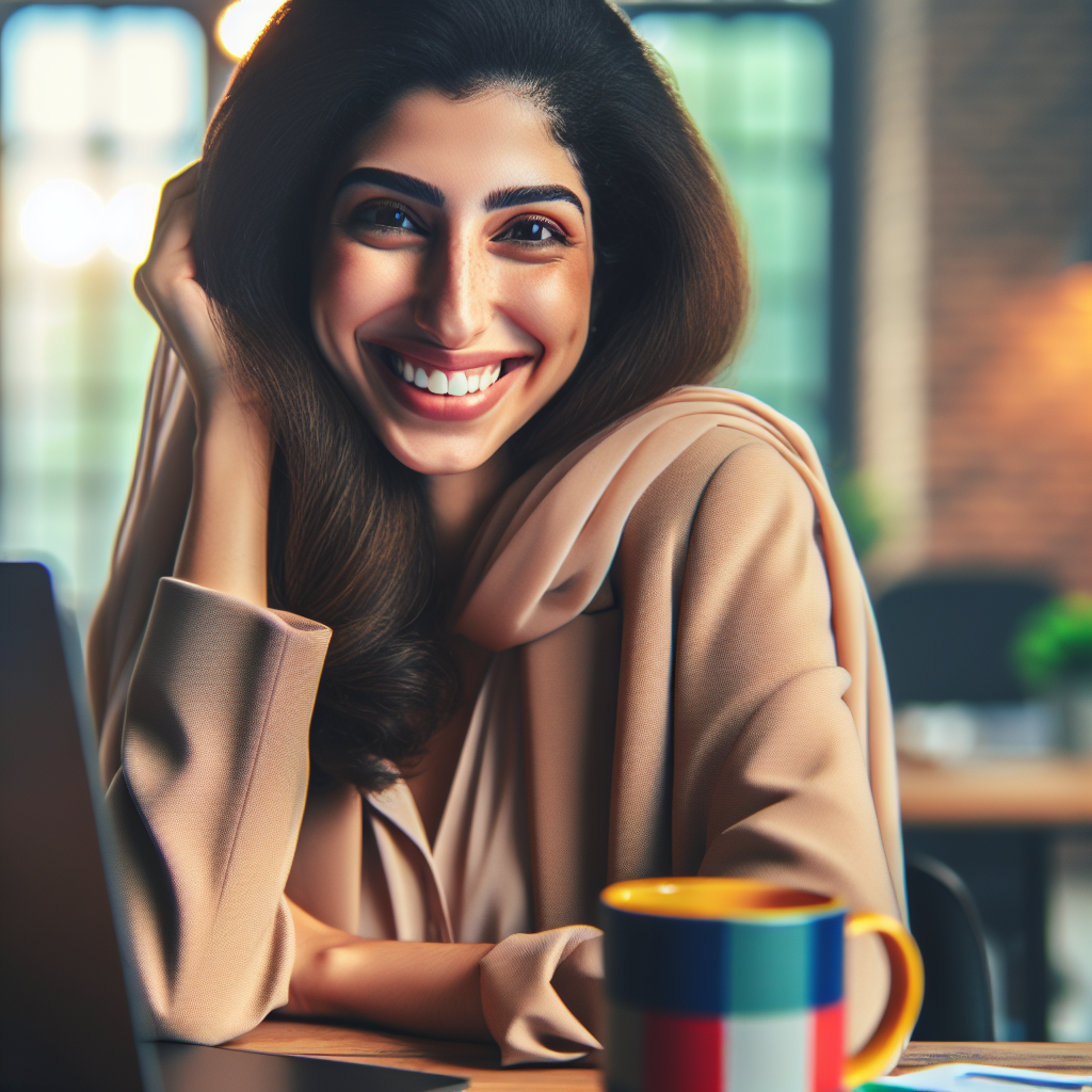 Una persona sonriente y confiada sentada en su escritorio de oficina, con elementos que sugieren un nuevo comienzo, como una taza nueva y un ordenador portátil.