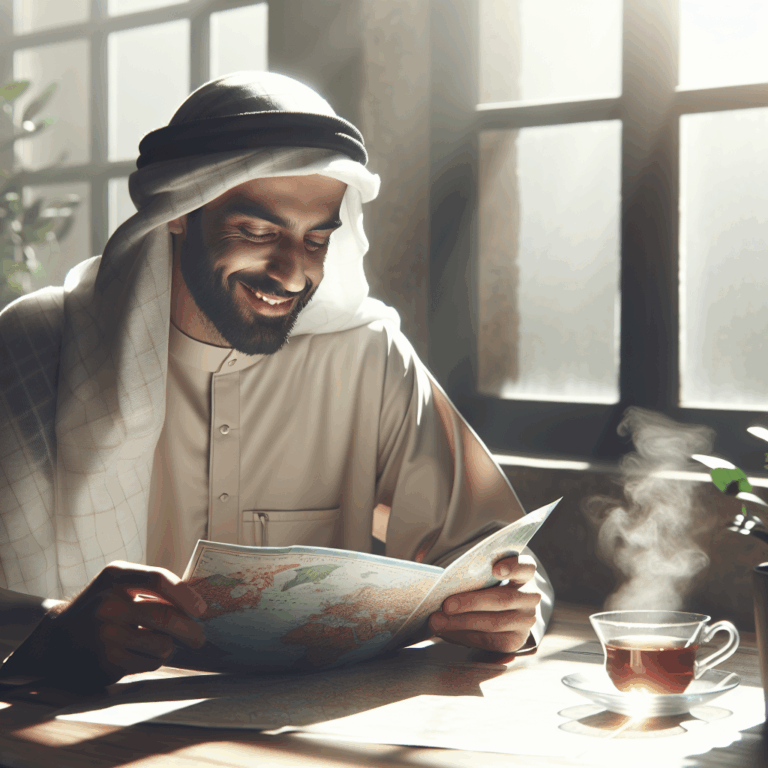 Una persona relajada mirando un mapa de viaje, sonriendo serenamente, con una taza de té a su lado.