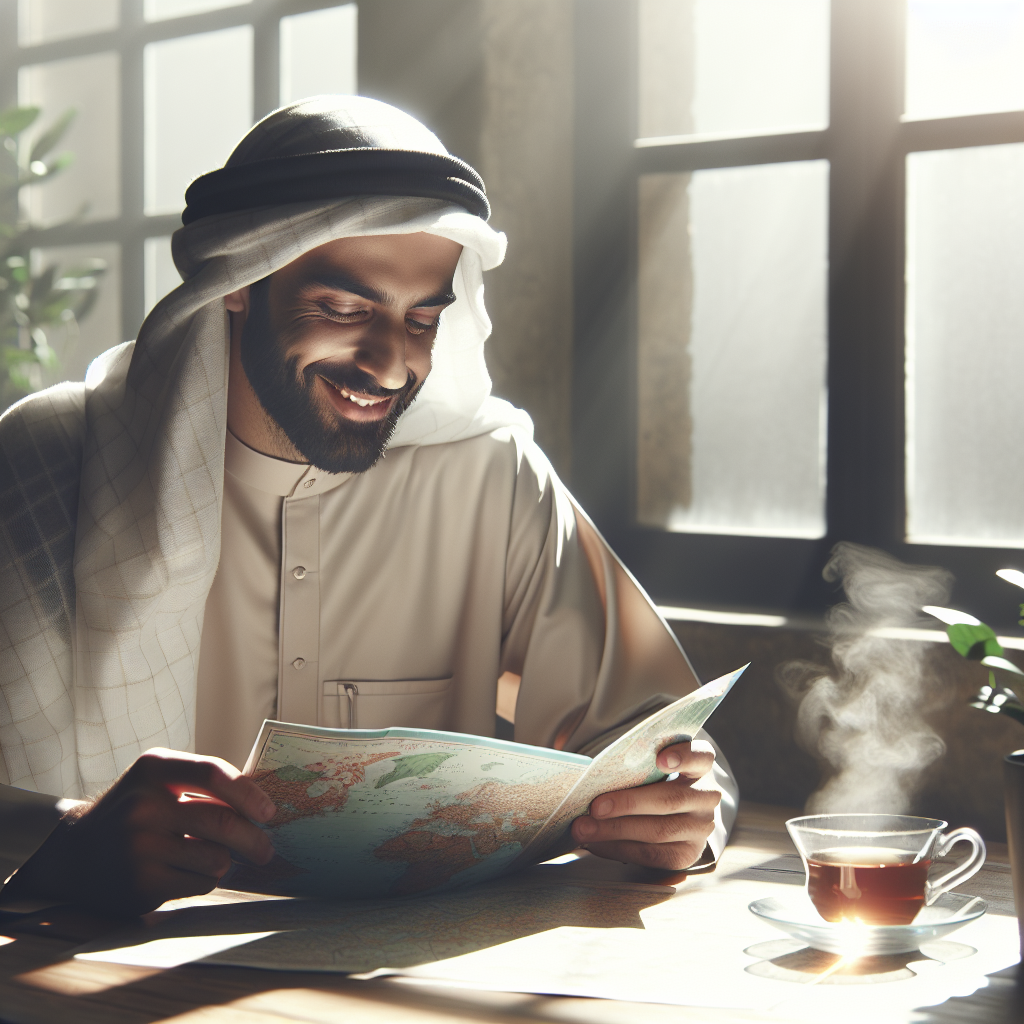 Una persona relajada mirando un mapa de viaje, sonriendo serenamente, con una taza de té a su lado.