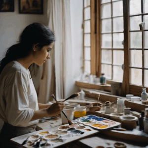Una mujer chilena, con expresión de determinación y un leve toque de alivio, sostiene un pincel y una paleta de colores, mirando con esperanza hacia un lienzo en blanco en su taller, iluminado por la luz natural de una ventana.