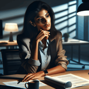 Persona reflexionando sobre una decisión profesional en un entorno laboral.