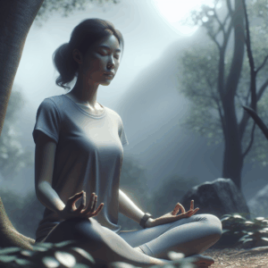 Una persona meditando tranquilamente en un entorno natural, mostrando serenidad y paz interior a pesar de un fondo borroso que sugiere incertidumbre o cambio.