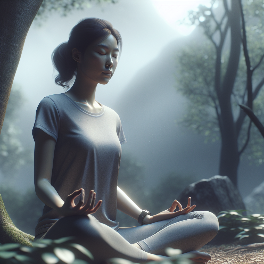 Una persona meditando tranquilamente en un entorno natural, mostrando serenidad y paz interior a pesar de un fondo borroso que sugiere incertidumbre o cambio.