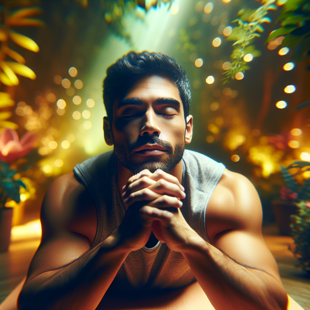 Persona relajada practicando ejercicios de respiración profunda, con una expresión tranquila y serena, en un entorno apacible.