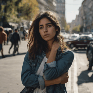 Mujer chilena joven abrazándose a sí misma en una calle concurrida, con expresión de miedo y angustia, mientras intenta controlar su respiración.  Luz natural, ambiente urbano.