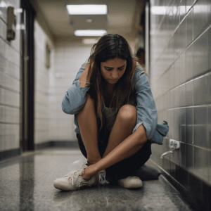 Una mujer joven chilena, sentada en el suelo de un baño público, abrazando sus rodillas, con la mirada baja y una expresión de intenso miedo y angustia; luz natural entra por una ventana, creando sombras suaves.
