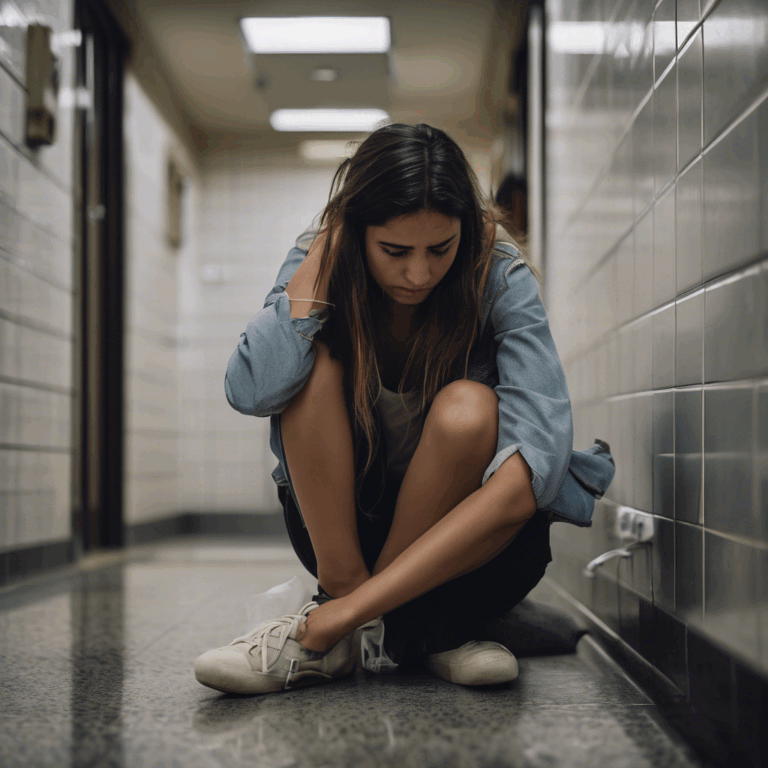 Una mujer joven chilena, sentada en el suelo de un baño público, abrazando sus rodillas, con la mirada baja y una expresión de intenso miedo y angustia; luz natural entra por una ventana, creando sombras suaves.