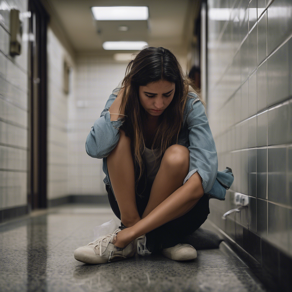 Una mujer joven chilena, sentada en el suelo de un baño público, abrazando sus rodillas, con la mirada baja y una expresión de intenso miedo y angustia; luz natural entra por una ventana, creando sombras suaves.