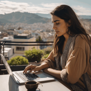 Una joven mujer chilena, con expresión serena y confiada, revisa sus finanzas en una laptop, sentada en un balcón soleado con vista a la ciudad.  El ambiente transmite calma y esperanza.