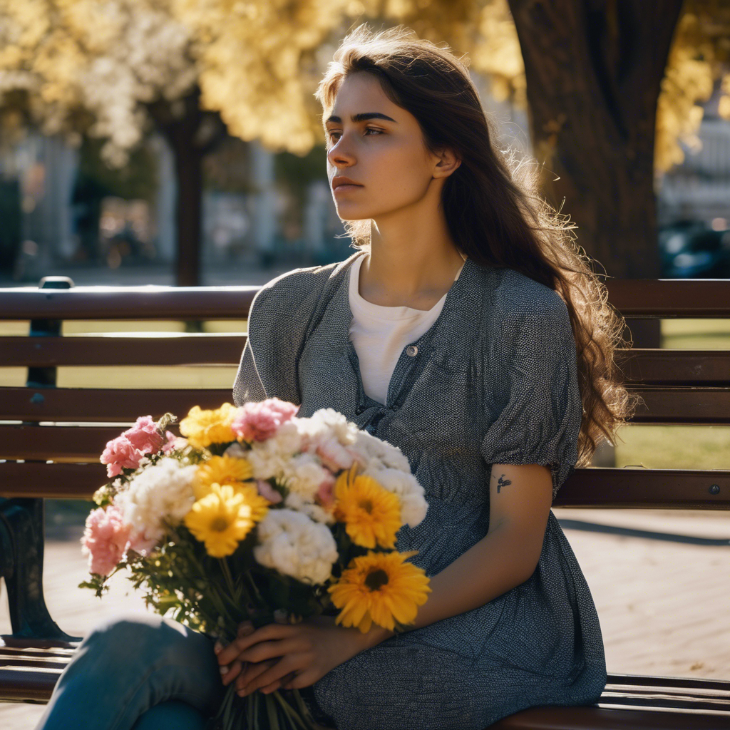 Una mujer chilena joven, sentada en un banco de un parque soleado, mira al cielo con una expresión de tristeza profunda, contrastando con el brillo del sol a su alrededor.  Sus manos sujetan ligeramente un ramo de flores marchitas.