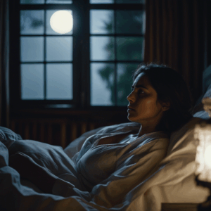 Una mujer chilena despierta sobresaltada en su cama, en medio de la noche, con expresión de preocupación y confusión, en una habitación oscura iluminada solo por la luz de la luna que entra por la ventana.