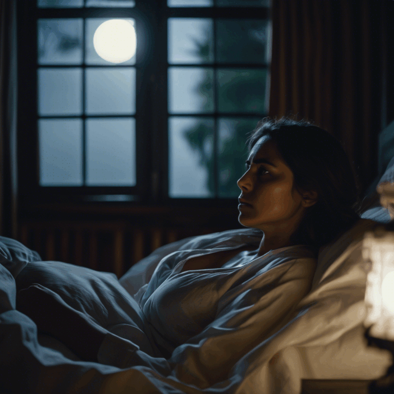 Una mujer chilena despierta sobresaltada en su cama, en medio de la noche, con expresión de preocupación y confusión, en una habitación oscura iluminada solo por la luz de la luna que entra por la ventana.