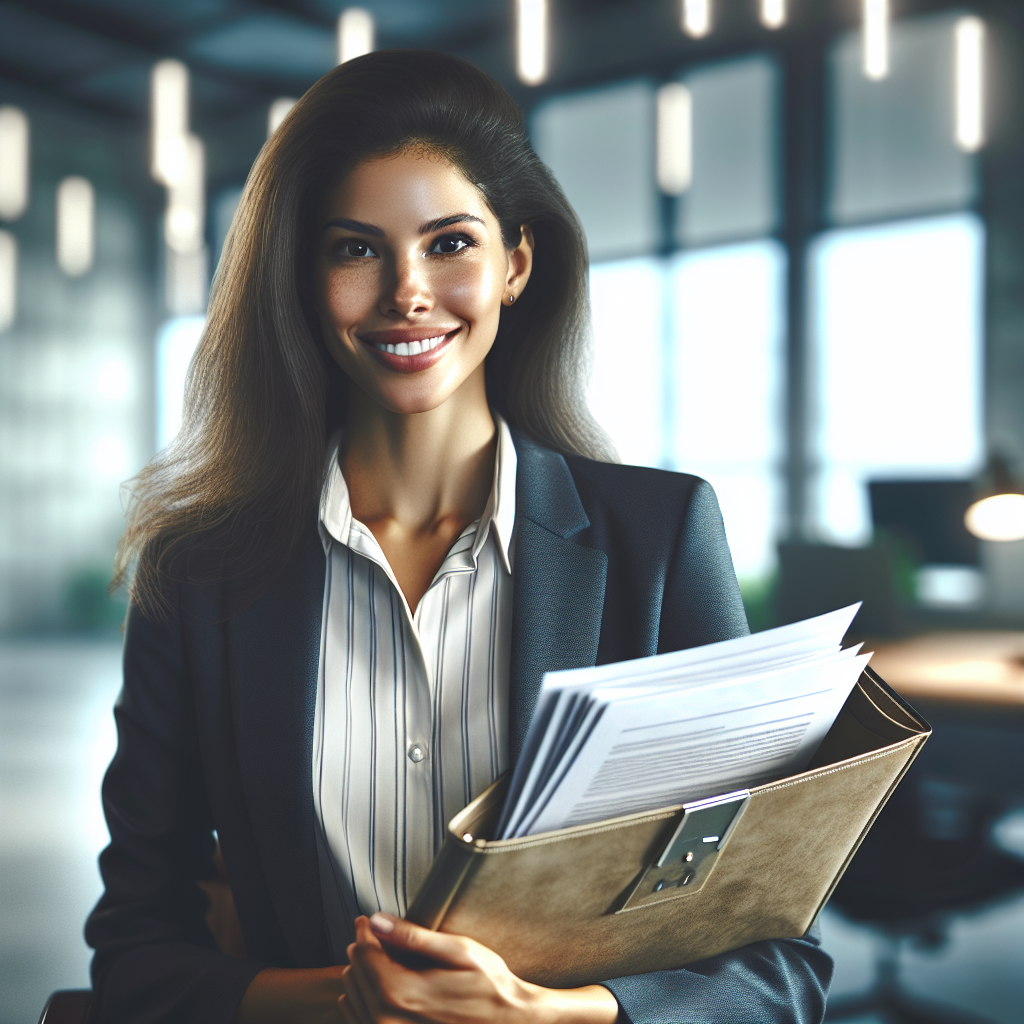 Una persona sonriendo con confianza, mirando hacia el futuro con optimismo, rodeada de hojas de un portafolio abierto que muestran logros profesionales.