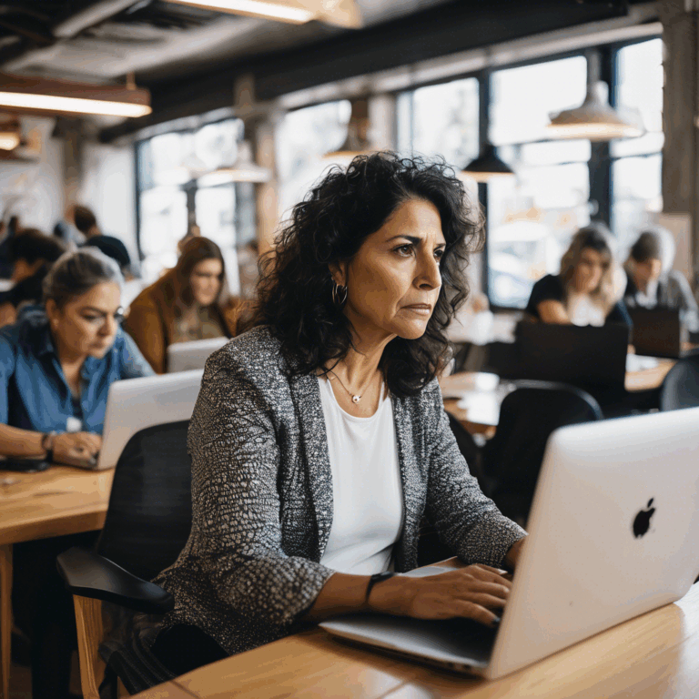 Mujer chilena de mediana edad, con una expresión de determinación y esperanza en su rostro, trabajando en su laptop en un luminoso coworking, rodeada de otros profesionales enfocados en su trabajo. Se aprecia un ambiente colaborativo y positivo.