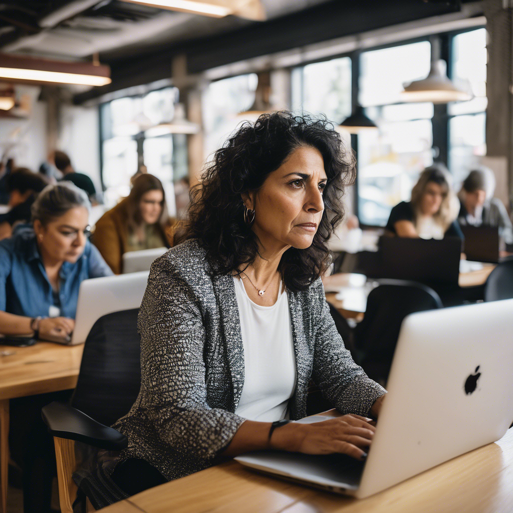 Mujer chilena de mediana edad, con una expresión de determinación y esperanza en su rostro, trabajando en su laptop en un luminoso coworking, rodeada de otros profesionales enfocados en su trabajo. Se aprecia un ambiente colaborativo y positivo.