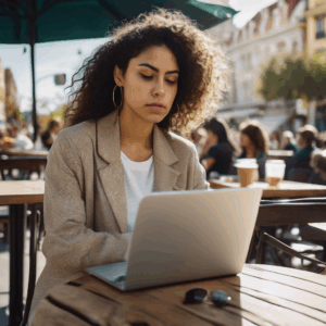 Mujer chilena, con expresión de determinación a pesar de la tristeza, revisando su computador en un café soleado, con un vaso de café a medio tomar sobre la mesa.  El fondo desenfocado sugiere una ciudad bulliciosa.