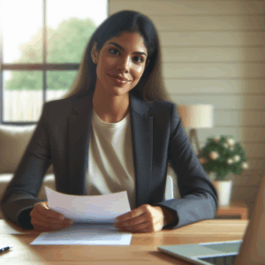 Una persona tranquila y confiada sentada en un escritorio, sonriendo levemente mientras revisa sus notas antes de una entrevista de trabajo. Ambiente profesional y luminoso.