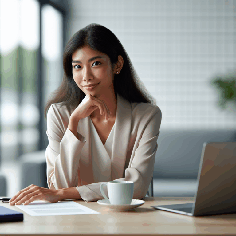 Persona tranquila y confiada sentada, preparada para una entrevista de trabajo, con una taza de té y un portátil a su lado.
