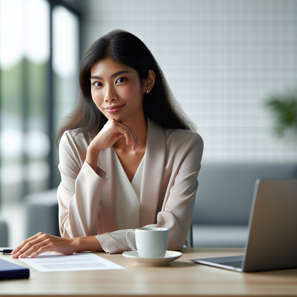 Persona tranquila y confiada sentada, preparada para una entrevista de trabajo, con una taza de té y un portátil a su lado.