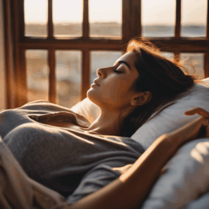 Una mujer chilena, con expresión serena y ojos cerrados, practica respiración consciente en su cama, rodeada de una suave luz cálida de la puesta de sol que se filtra por la ventana.  Se percibe una sensación de calma y tranquilidad.