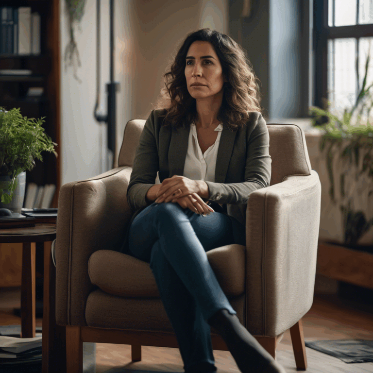 Una mujer latina, con rasgos faciales realistas, sentada en un sillón acogedor, mostrando una expresión de tristeza pensativa pero en un ambiente cálido y seguro, durante una sesión terapéutica.