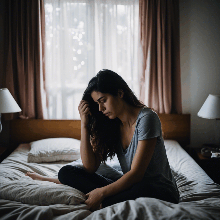 Mujer chilena en un entorno nocturno, luchando por conciliar el sueño en su cama, reflejando ansiedad.