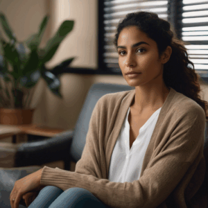 Mujer latina, pensativa, sentada en una consulta psicológica, con una expresión de introspección pero en un ambiente cálido y seguro.
