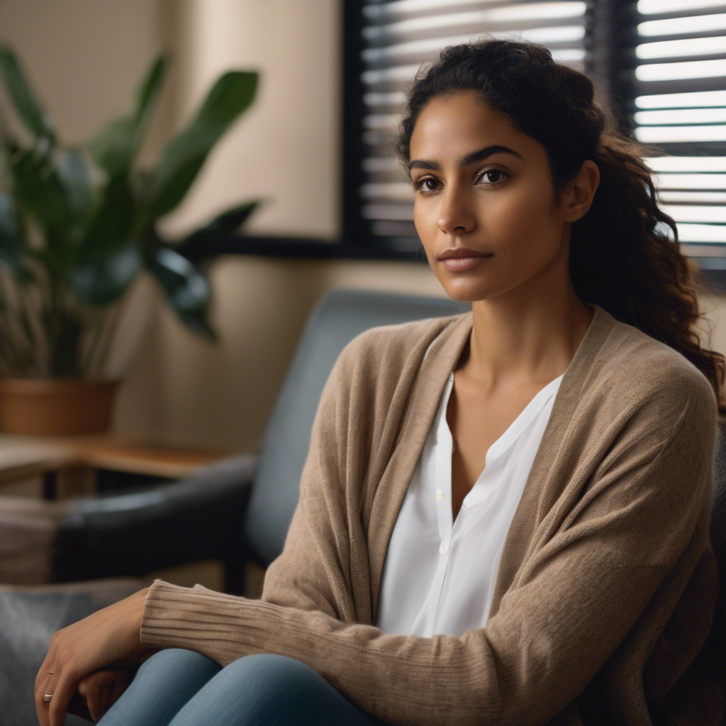 Mujer latina, pensativa, sentada en una consulta psicológica, con una expresión de introspección pero en un ambiente cálido y seguro.