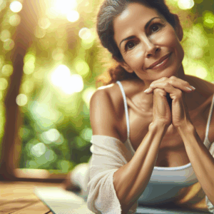 Mujer de mediana edad sonriendo serenamente, practicando yoga en un entorno natural y luminoso.